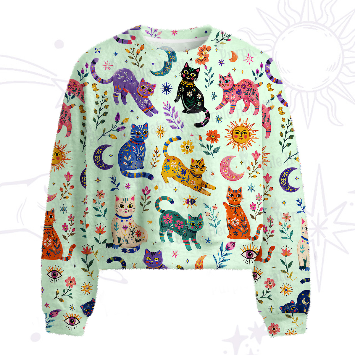 Purplehecate Rainbow Magic Cats Fuzzy Crewneck Sweater
