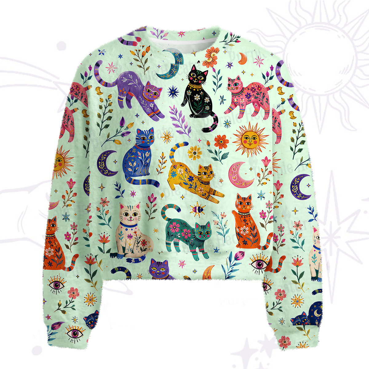 Purplehecate Rainbow Magic Cats Fuzzy Crewneck Sweater