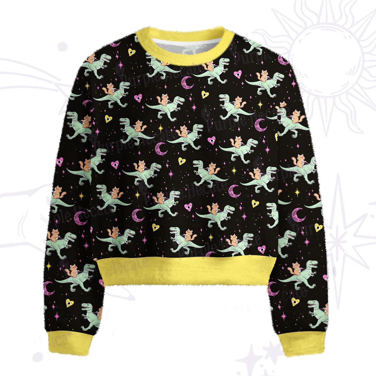 Purplehecate Witch Cat Rides the Dino Fuzzy Crewneck Sweater