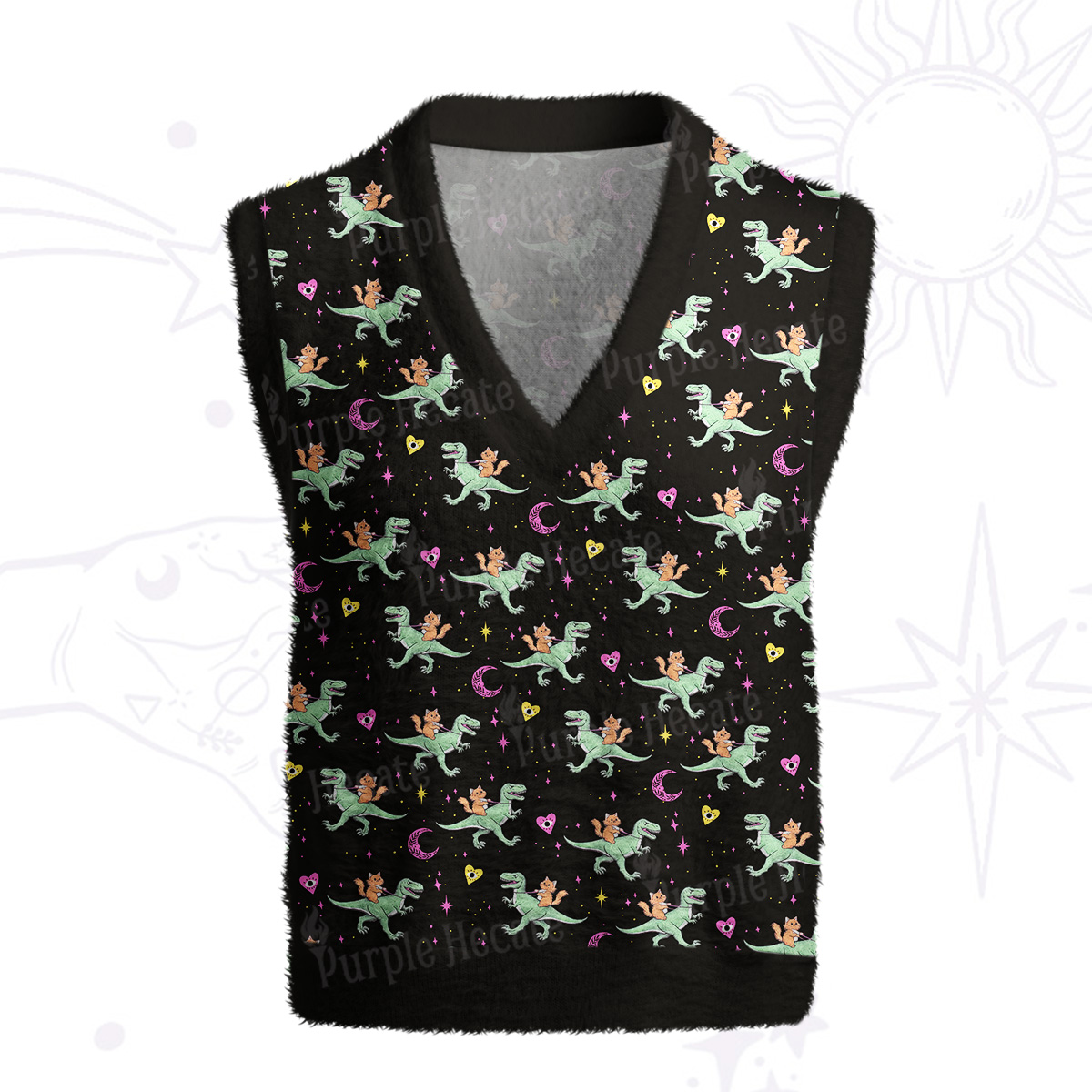 Purplehecate Witch Cat Rides the Dino Ugly Sweater Vest