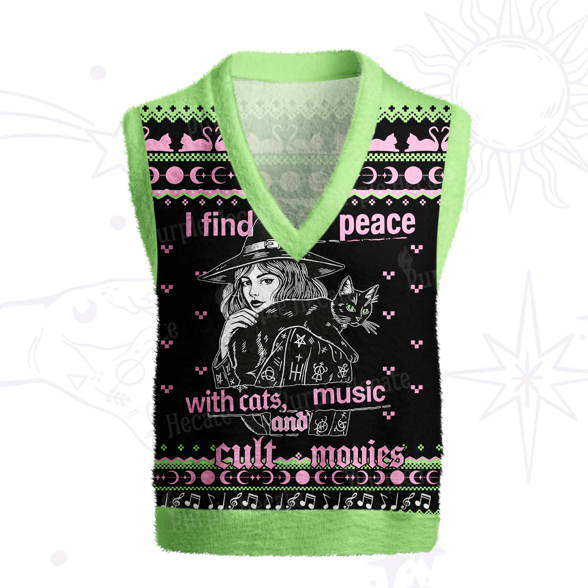 Purplehecate I Find Peace With Cats Music Cult Movies Ugly Sweater Vest