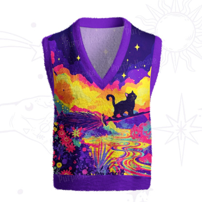 Purplehecate Midnight Cosmic Cat Fantasy Ugly Sweater Vest
