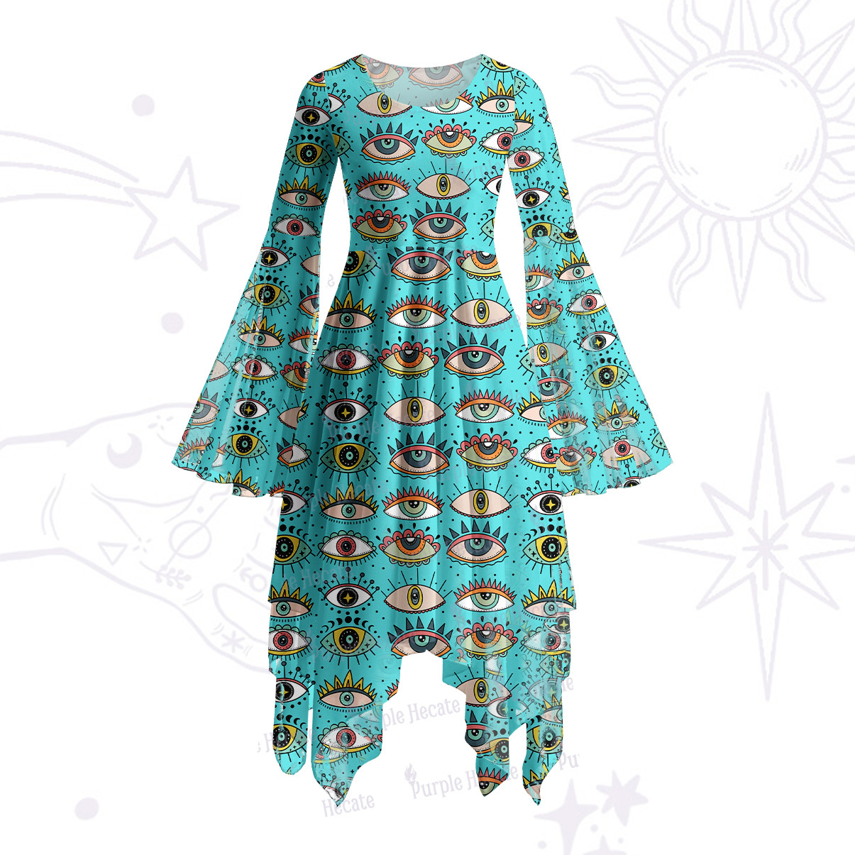 Purplehecate Evil Eye Pattern Bell Sleeve Dress