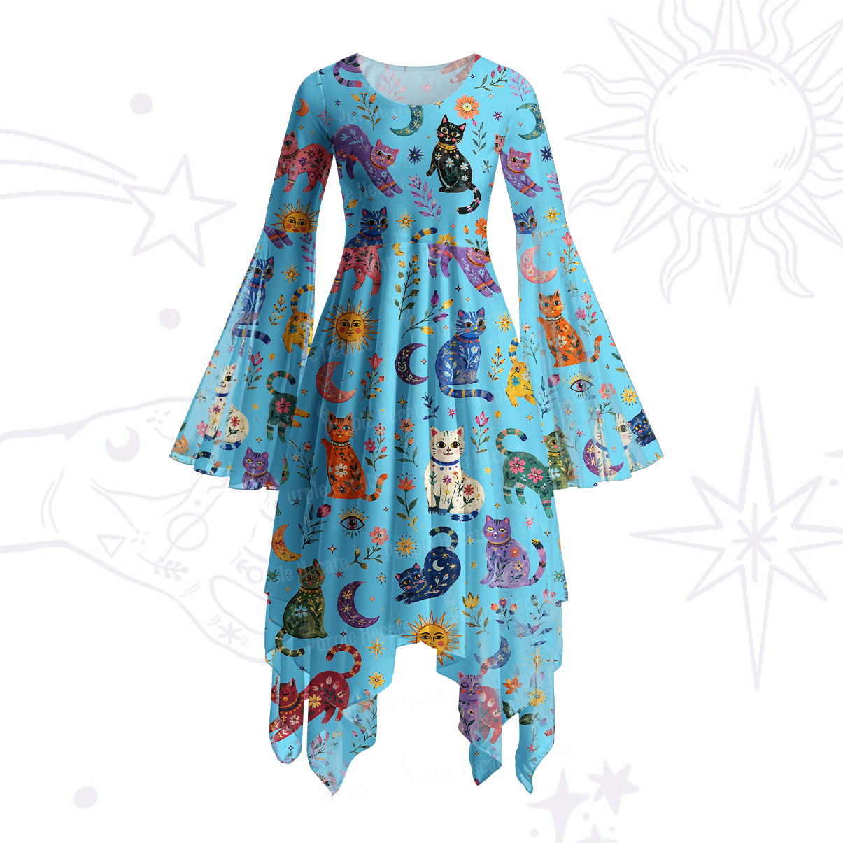 Purplehecate Rainbow Magic Cats Bell Sleeve Dress