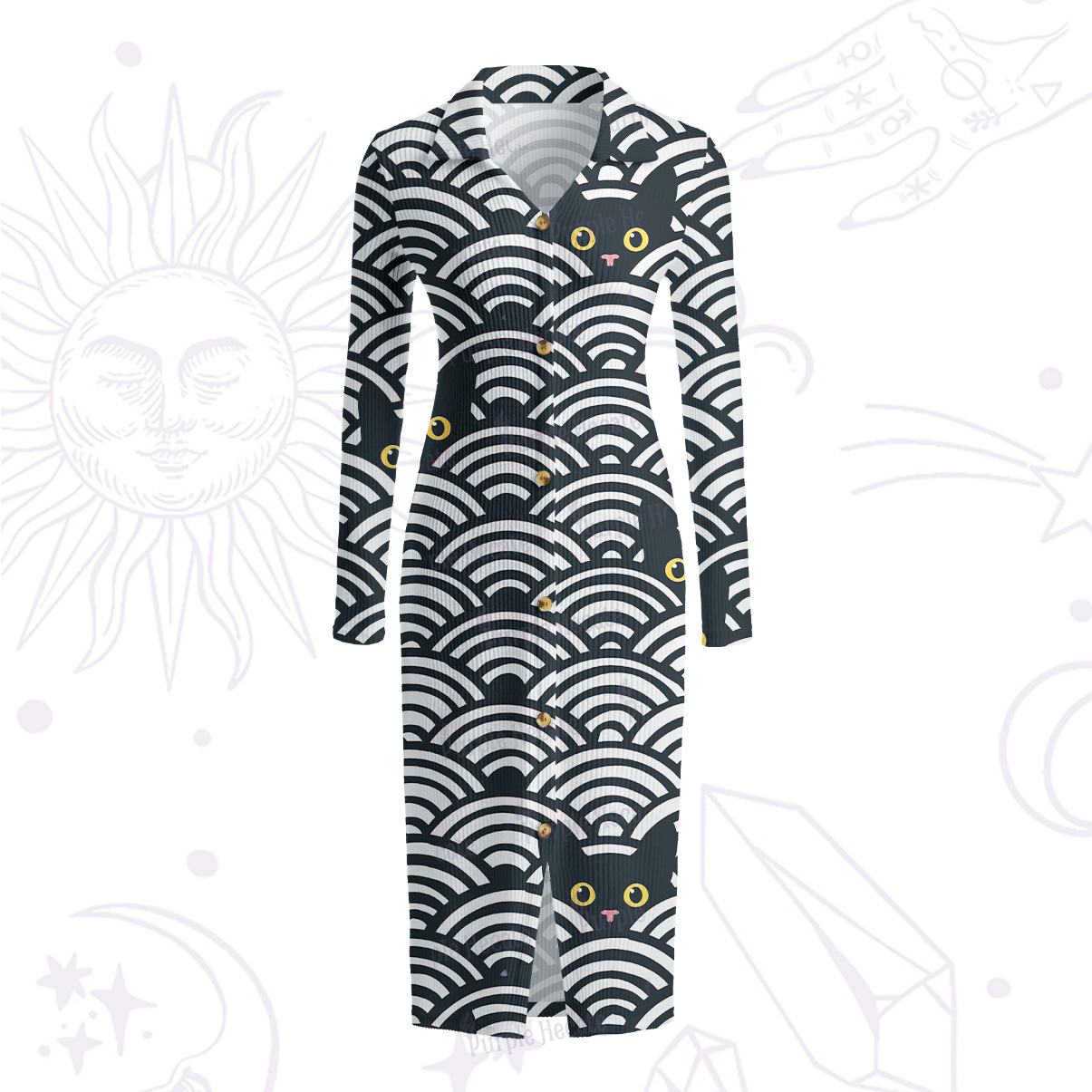 Purplehecate Rainbow Black Cat Waves Ribbed Knit Dress