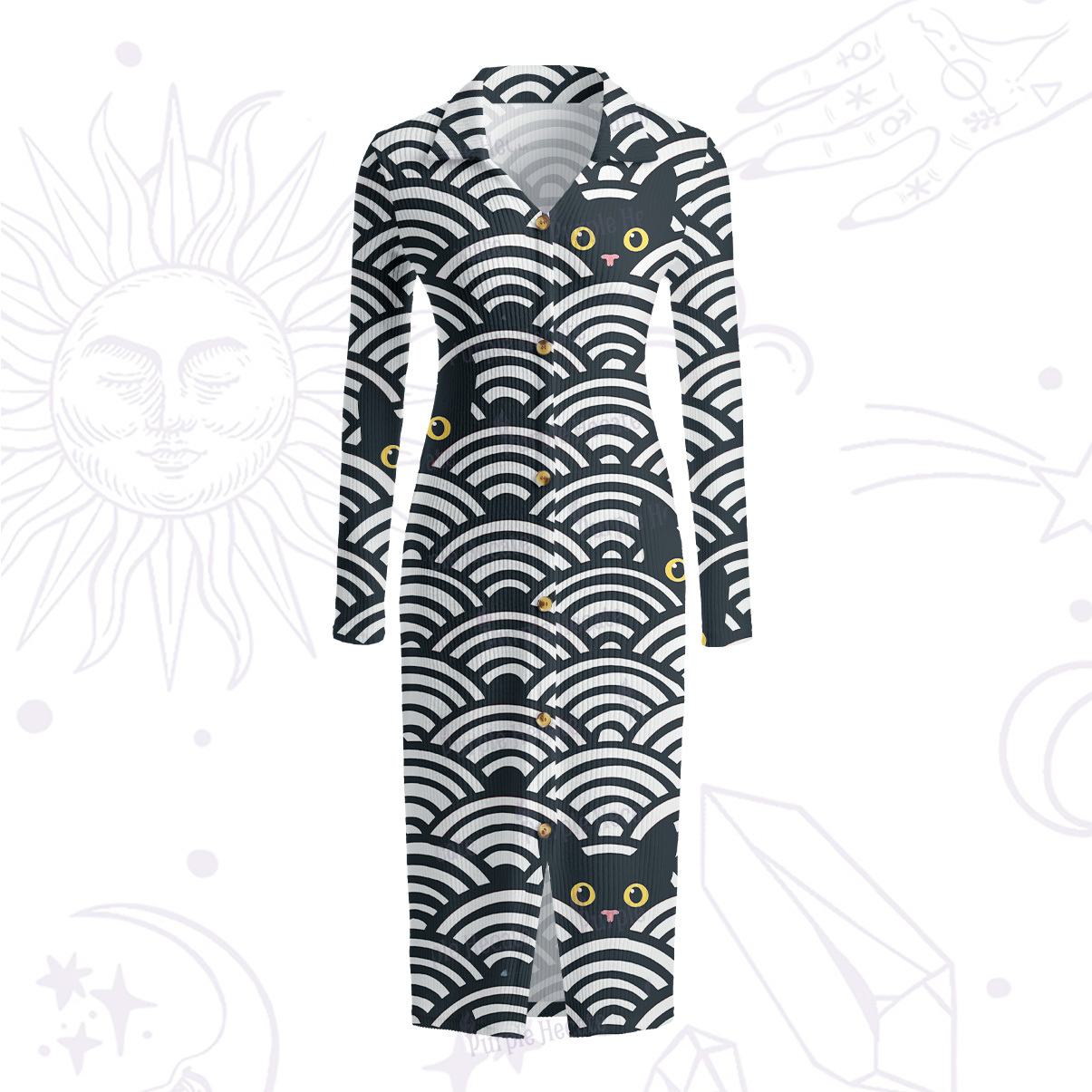 Purplehecate Rainbow Black Cat Waves Ribbed Knit Dress