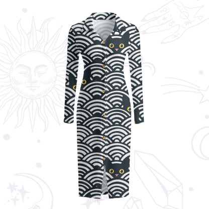 Purplehecate Rainbow Black Cat Waves Ribbed Knit Dress
