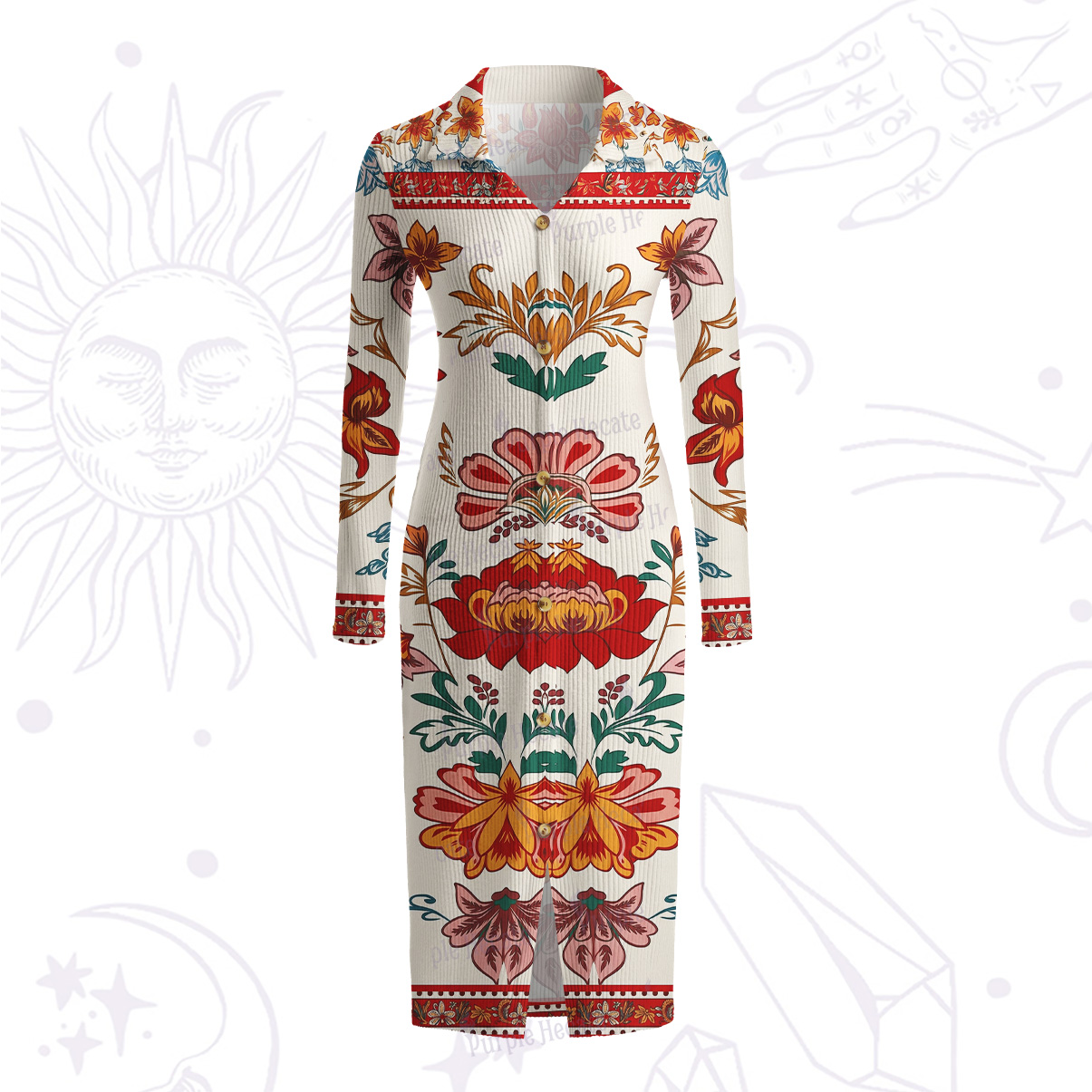 Purplehecate Ethnic Passionate Floral Motif Ribbed Knit Dress