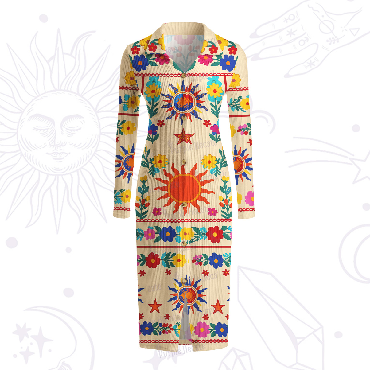 Purplehecate Folk Sun Garden Ribbed Knit Dress