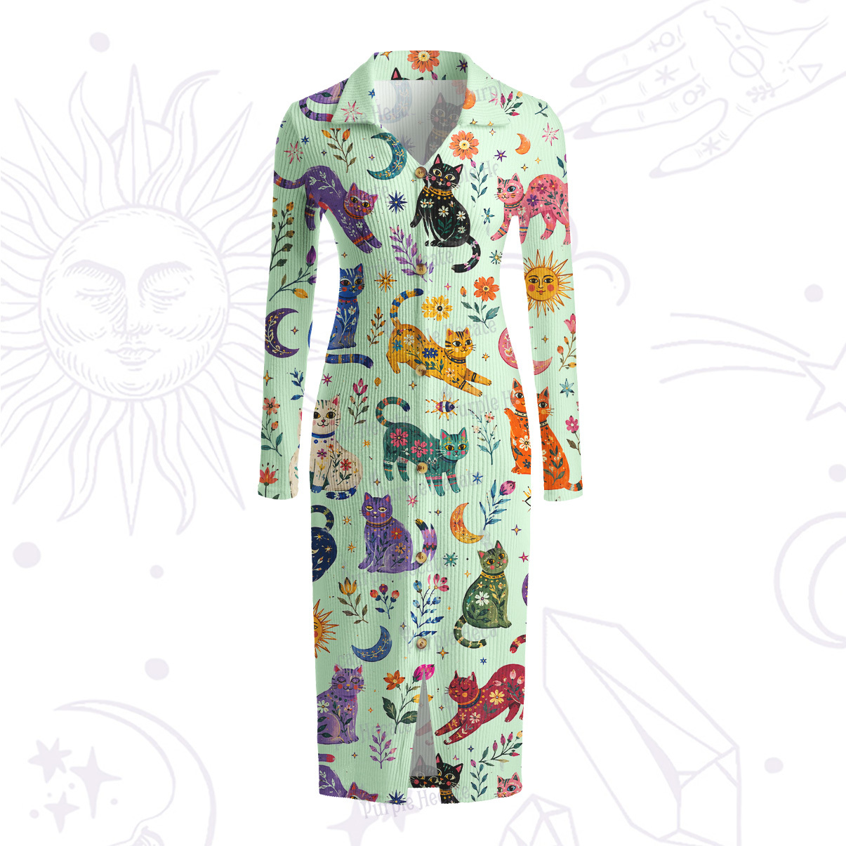 Purplehecate Rainbow Magic Cats Ribbed Knit Dress