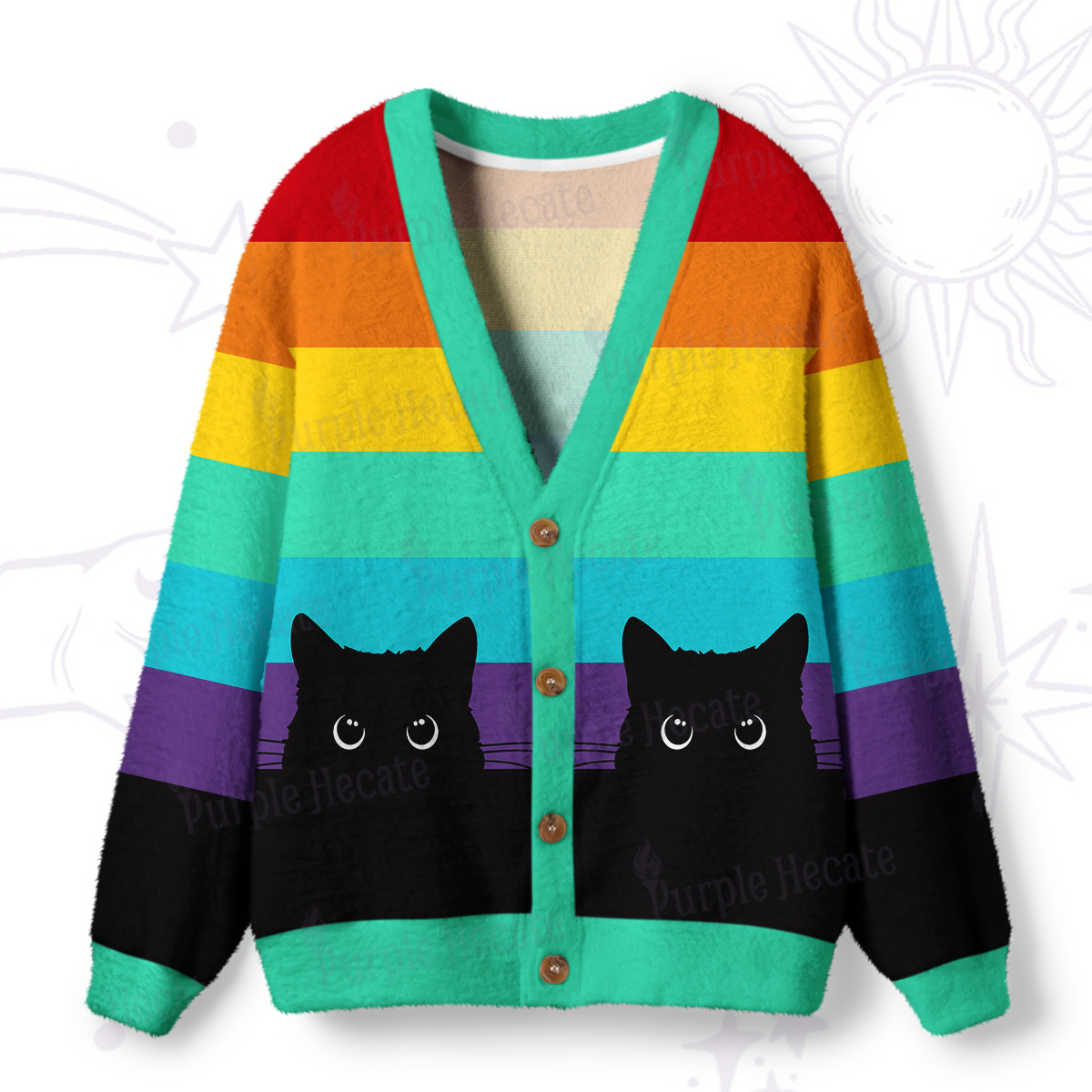 Purplehecate Little Black Cats Under the Rainbow Ugly Cardigan Sweaters