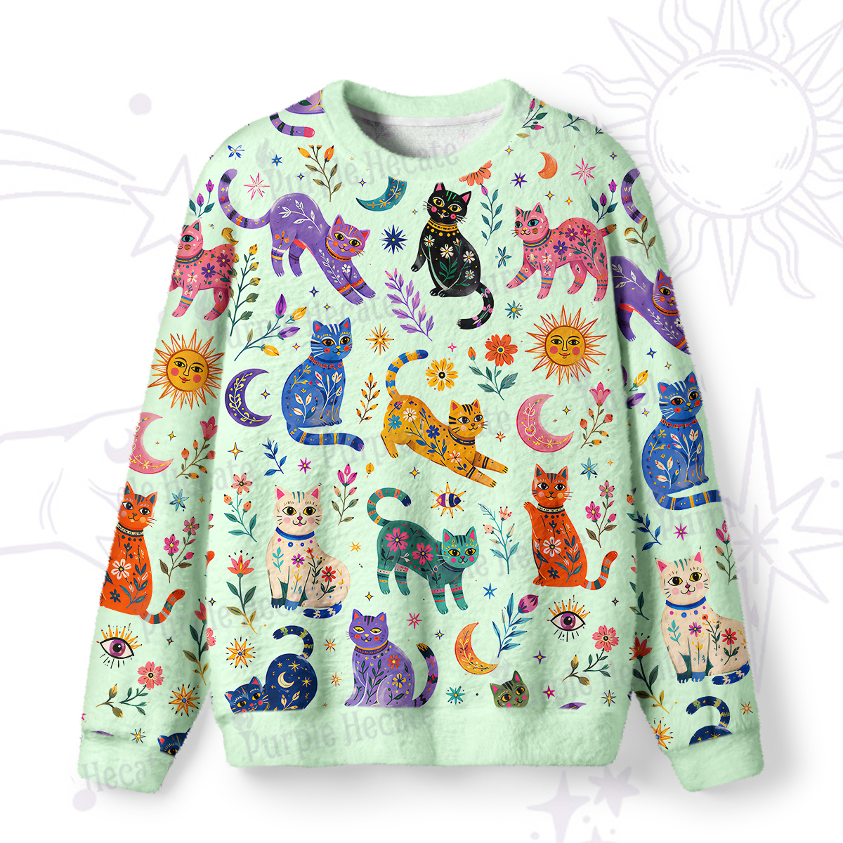 Purplehecate Rainbow Magic Cats Fuzzy Ugly Sweatshirt