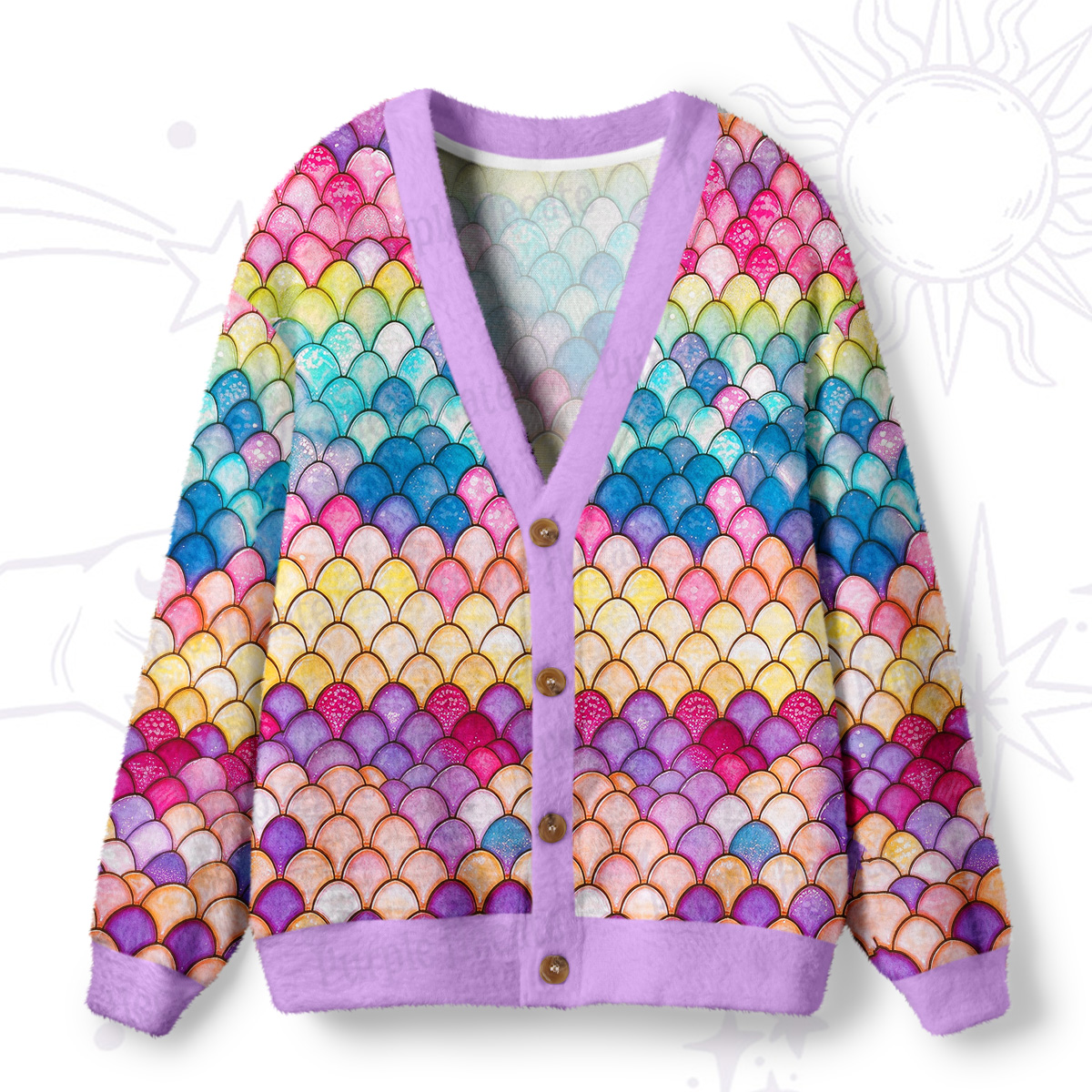 Purplehecate Colorful Mermaid Fish Scales Ugly Cardigan Sweaters
