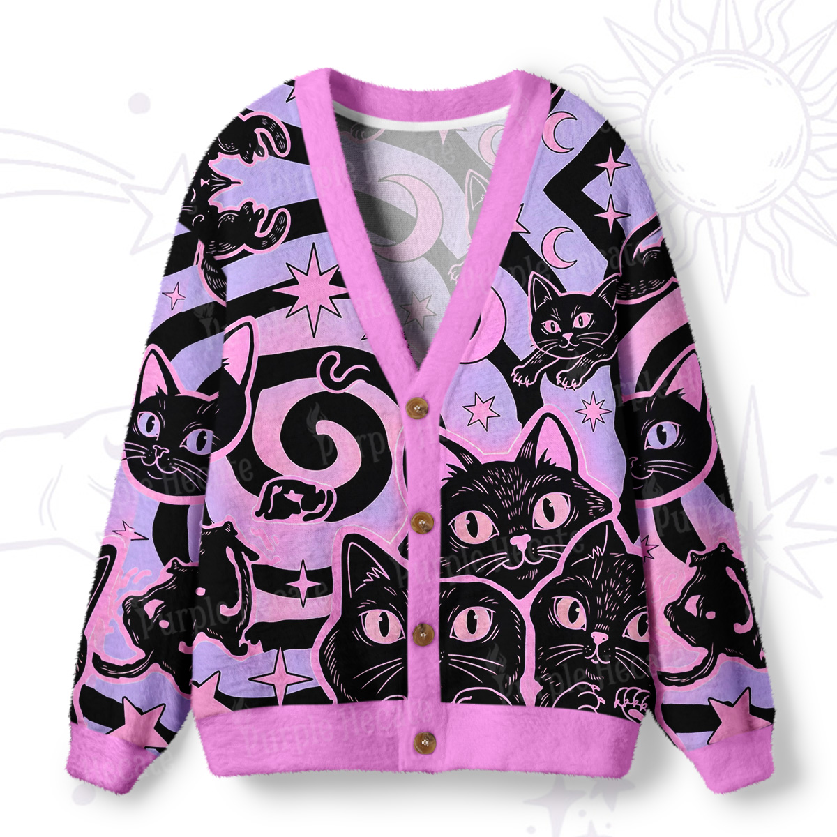 Purplehecate Lunar Magic Black Cat Ugly Cardigan Sweaters