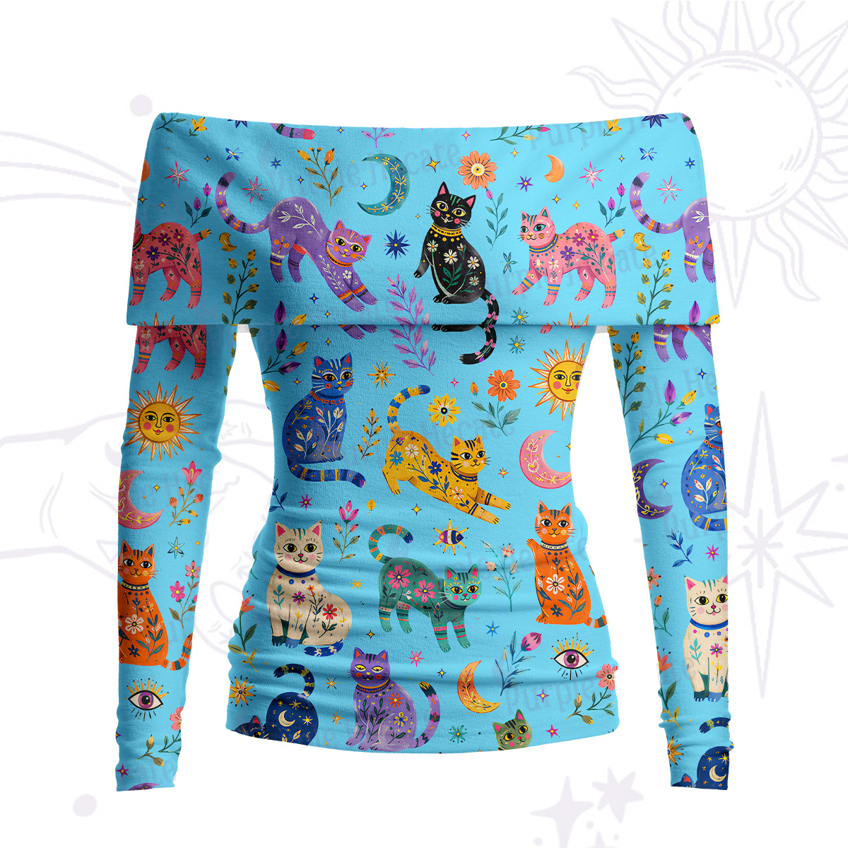 Purplehecate Rainbow Magic Cats Off Shoulder Long Sleeve Knit Top
