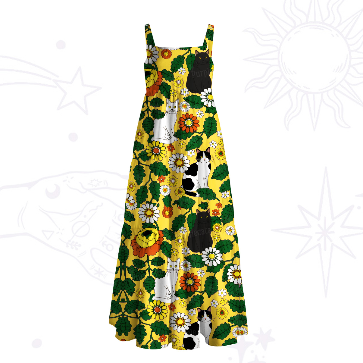 Purplehecate Daisy Cat  Garden Wide Straps Maxi Dress
