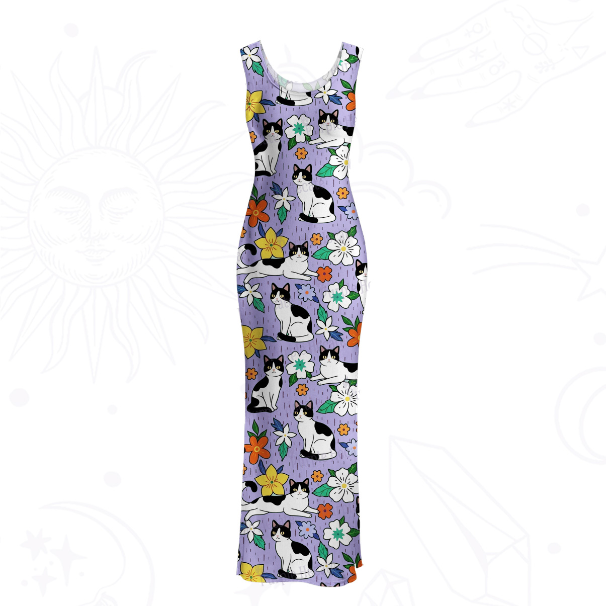 Purplehecate Enchanted Spring Whispering Cat Mesh Maxi Tank Beach Dress