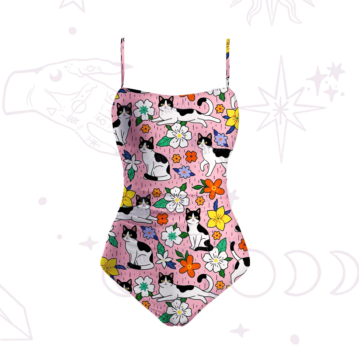 Purplehecate Enchanted Spring Whispering Cat Slim-Strap Swimsuit
