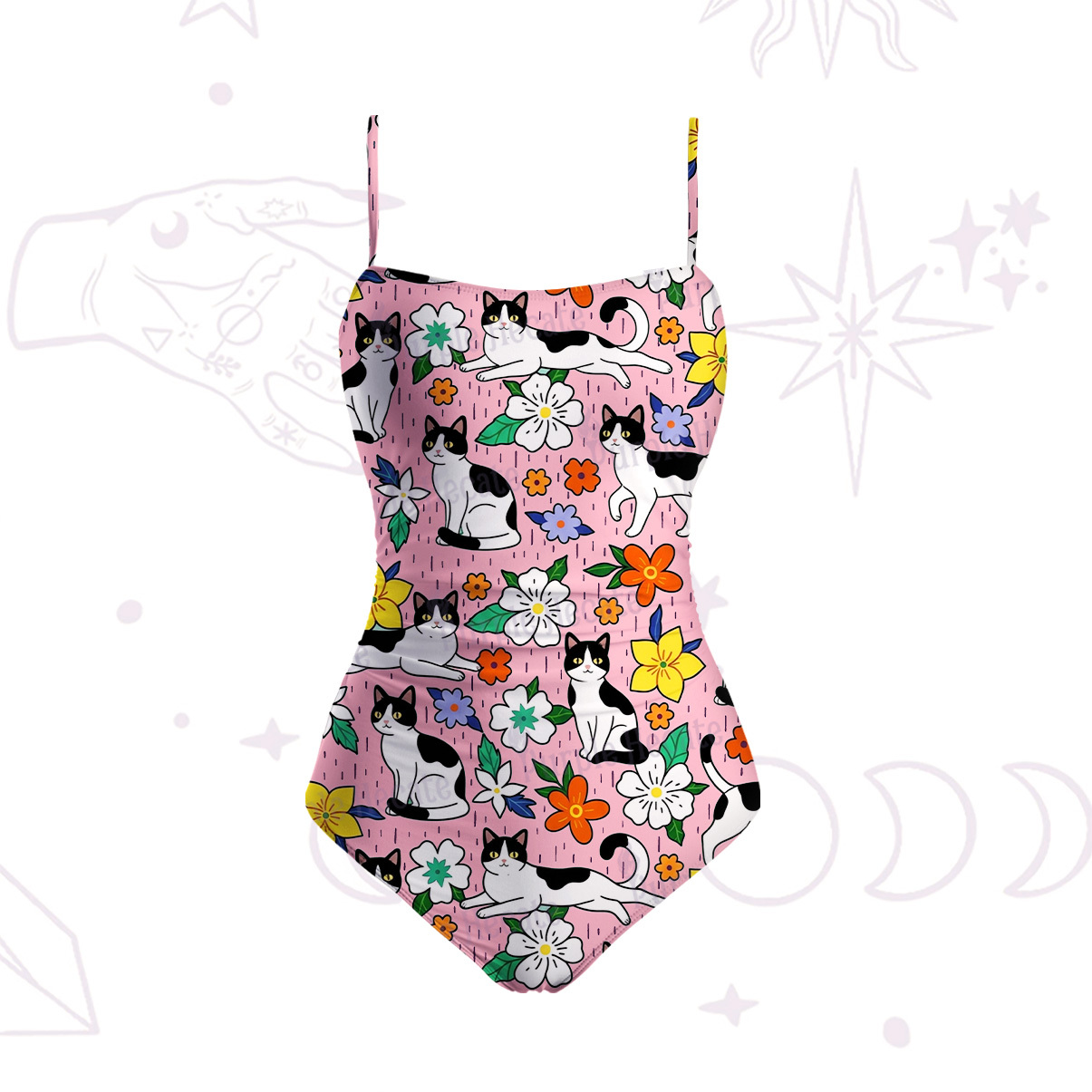 Purplehecate Enchanted Spring Whispering Cat Slim-Strap Swimsuit
