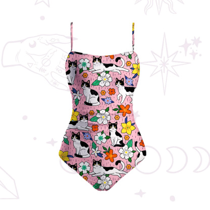 Purplehecate Enchanted Spring Whispering Cat Slim-Strap Swimsuit