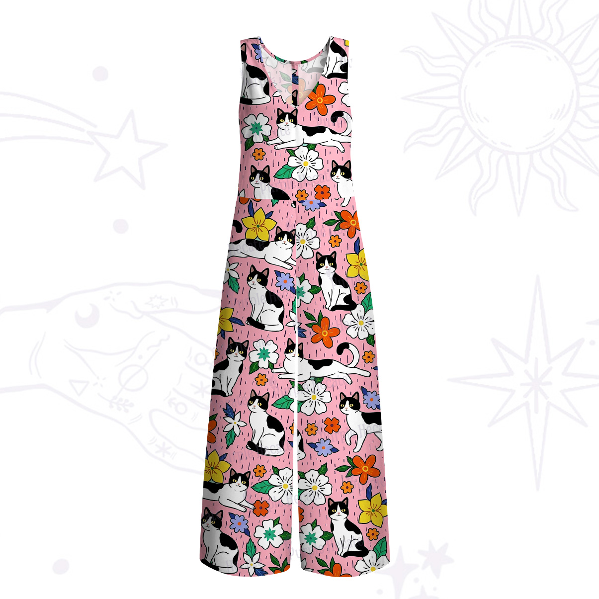 Purplehecate Enchanted Spring Whispering Cat Wide Leg Jumpsuit