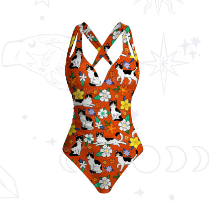Purplehecate Enchanted Spring Whispering Cat One-Piece Swimsuit