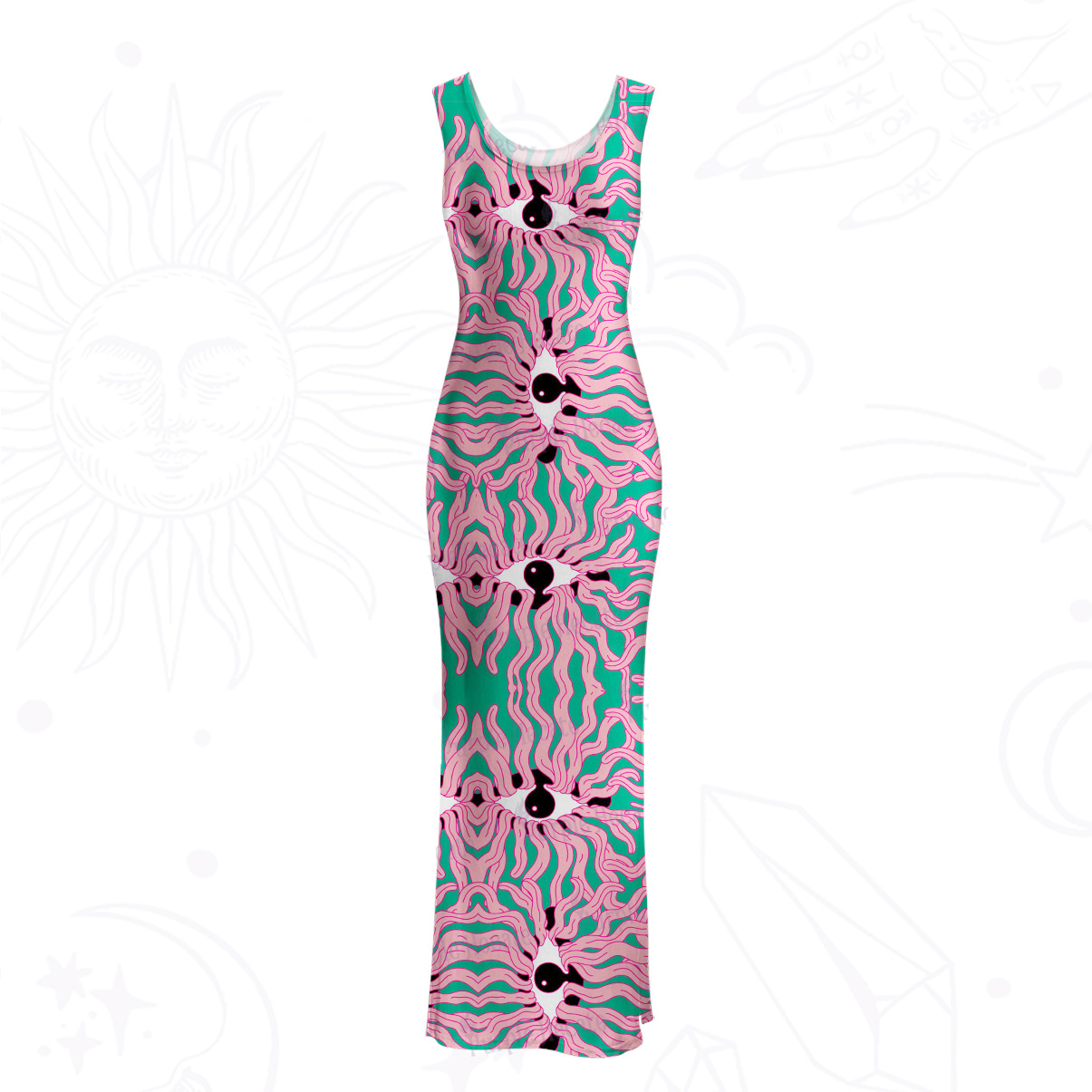 Purplehecate Psychedelic Wave Eyes Mesh Maxi Tank Beach Dress