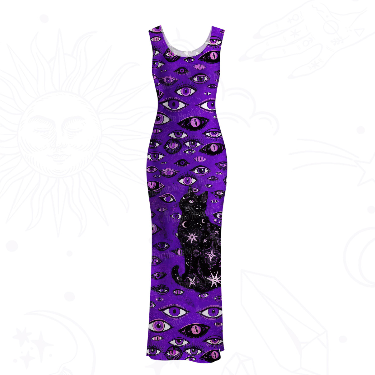 Purplehecate Cosmic Watcher Cat Mesh Maxi Tank Beach Dress
