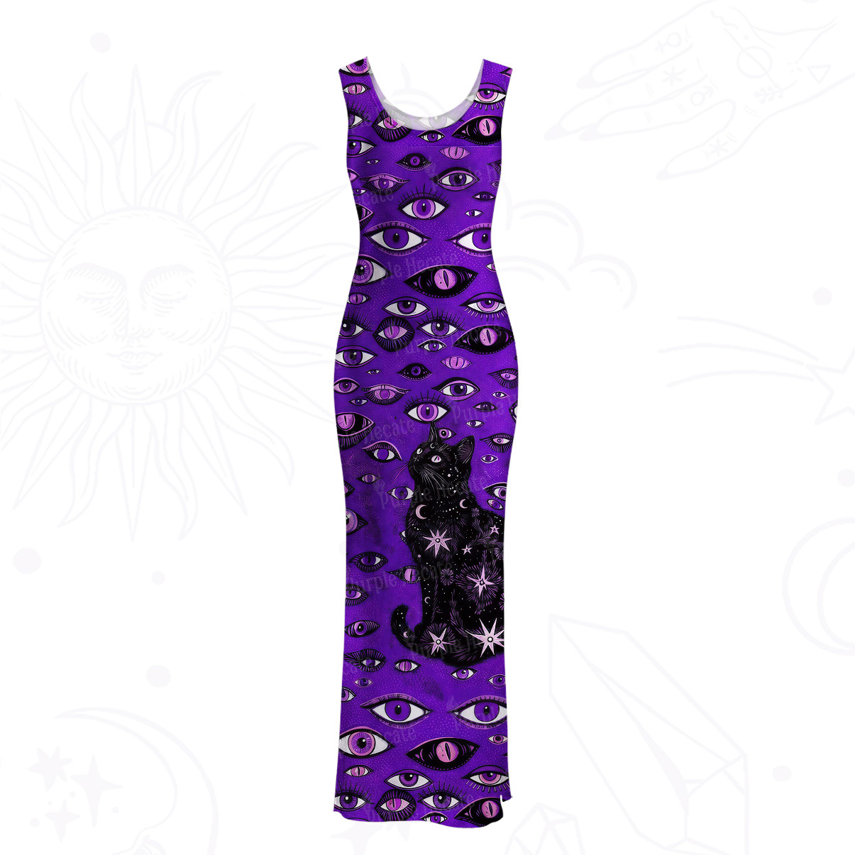 Purplehecate Cosmic Watcher Cat Mesh Maxi Tank Beach Dress