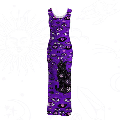 Purplehecate Cosmic Watcher Cat Mesh Maxi Tank Beach Dress