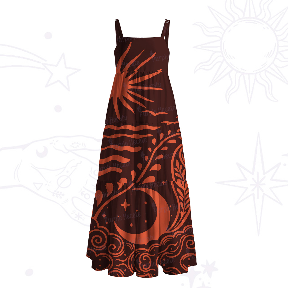 Purplehecate Celestial Sun Moon Waves Wide Straps Maxi Dress