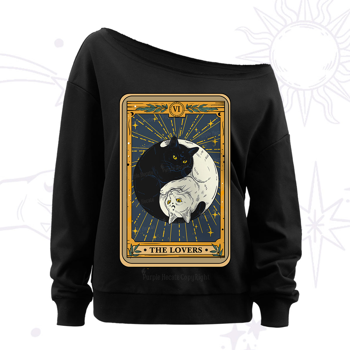 Purplehecate The Lovers Cat Tarot Off The Shoulder Sweatshirt