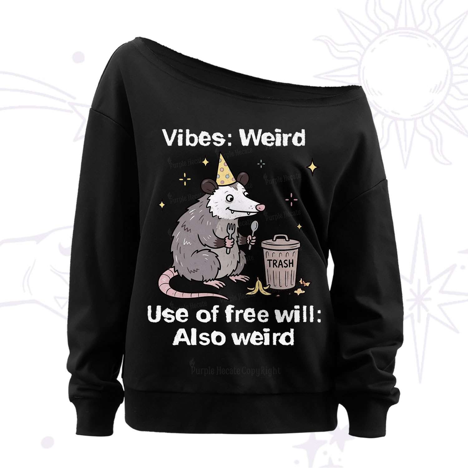 Purplehecate Weird Vibes Only Opossum Off The Shoulder Sweat