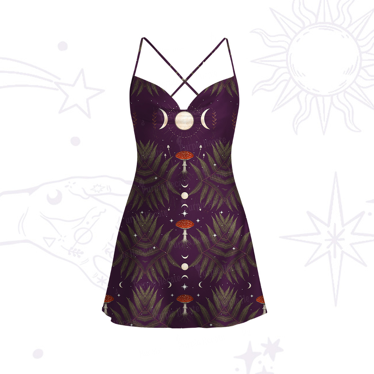Purplehecate Moonlit Mushroom Gown Satin Cross Back Mini Dress
