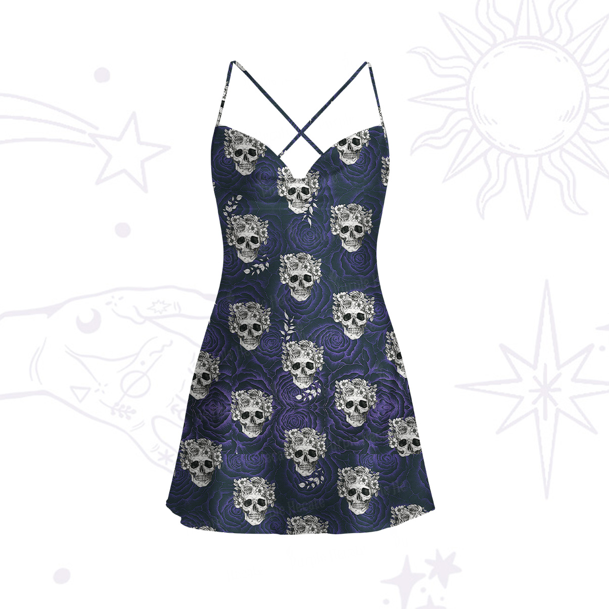 Purplehecate Rose Skulll Satin Cross Back Mini Dress