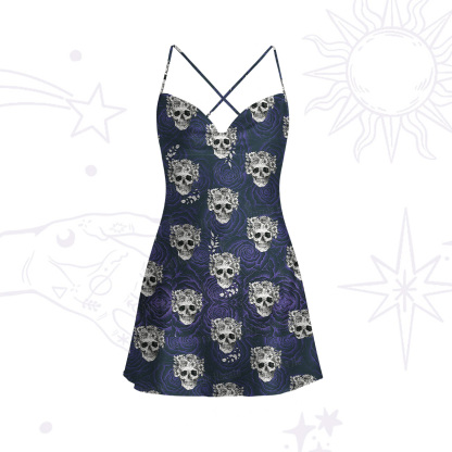 Purplehecate Rose Skulll Satin Cross Back Mini Dress