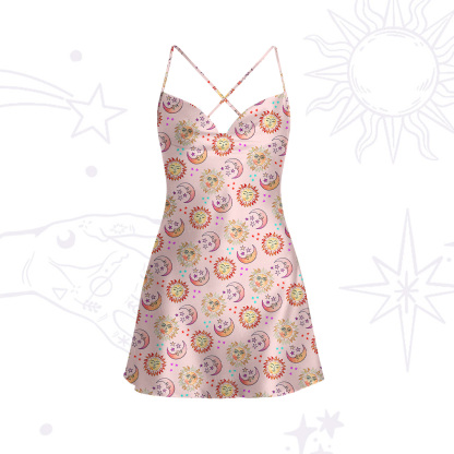Purplehecate Dancing Suns and Lunar Dreams Satin Cross Back Mini Dress