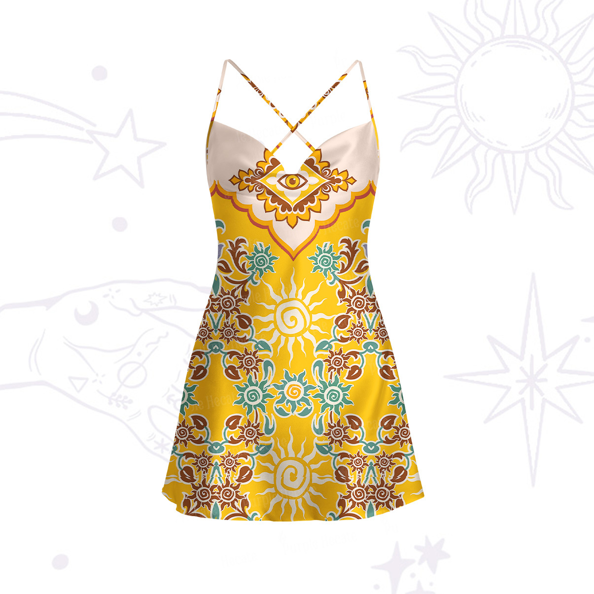 Purplehecate Solar Whispers Witch Satin Cross Back Mini Dress