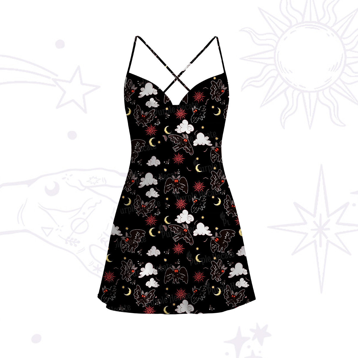 Purplehecate Cryptid Mothman Satin Cross Back Mini Dress