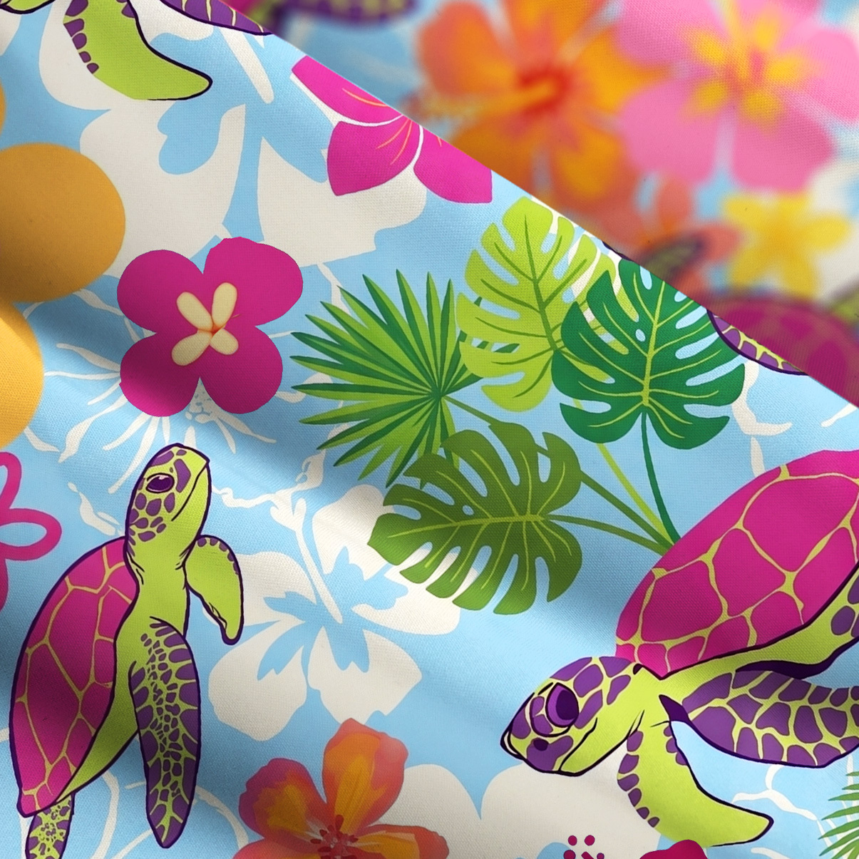 ]Purplehecate Hibiscus Sea Turtle Tropical Paradise Wide Straps Maxi Dress