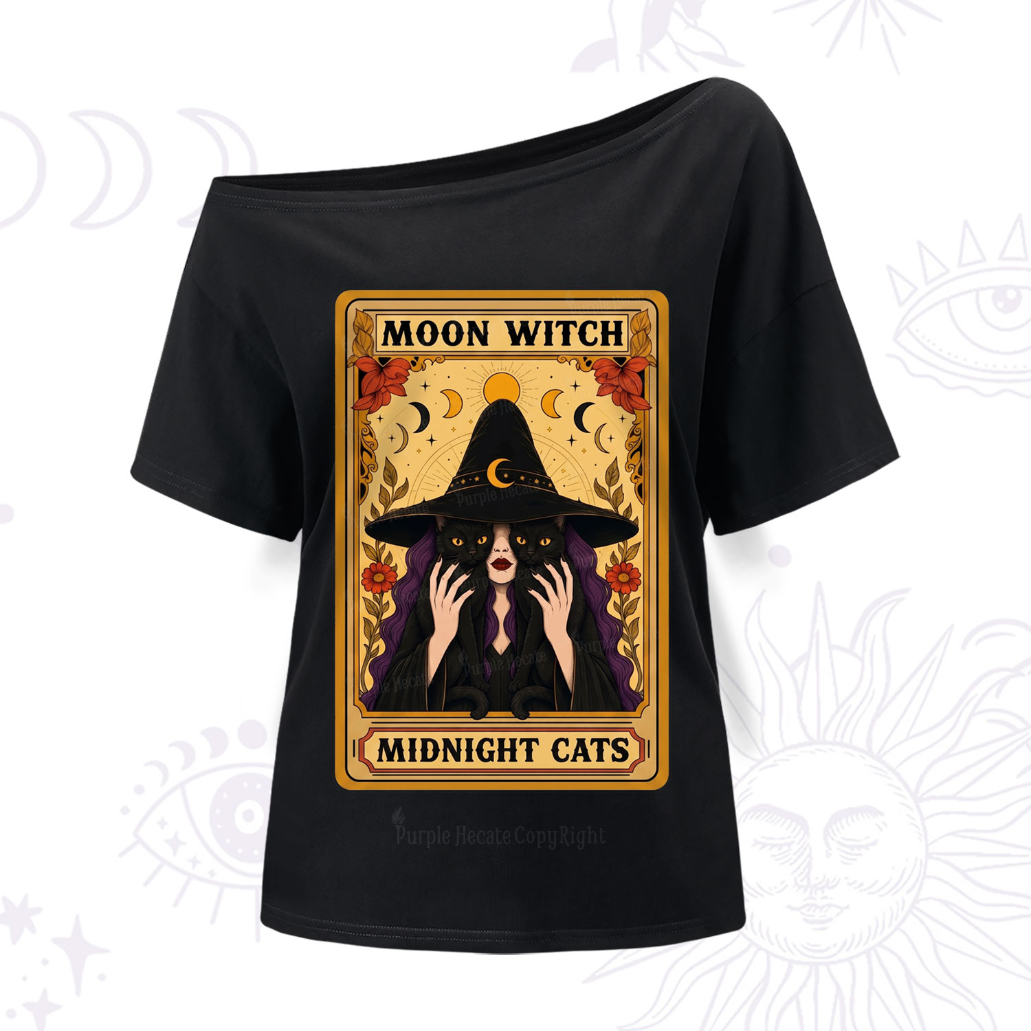 Purplehecate The Moon Witch Midnight Cats Oracle Card One Shoulder T-Shirt