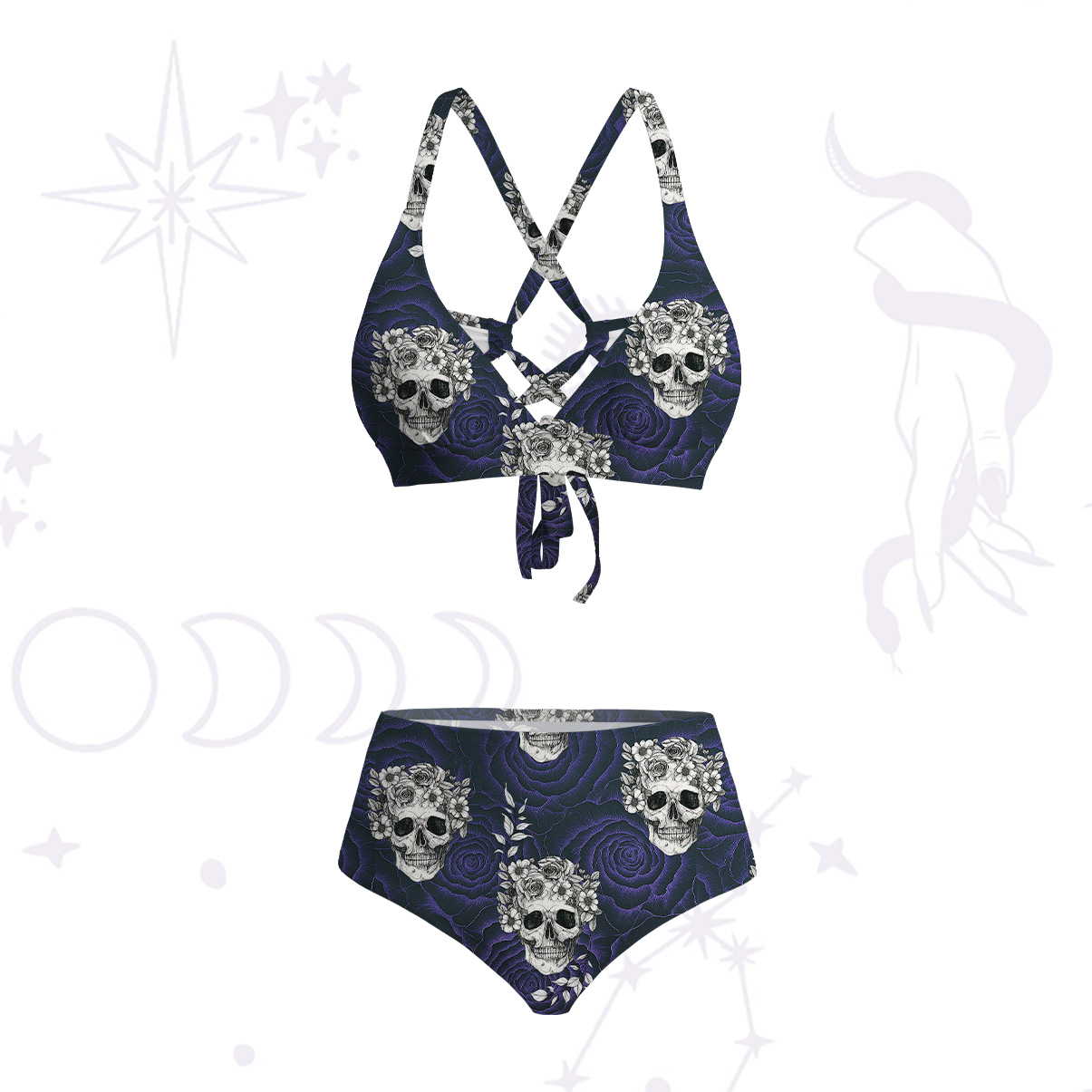Purplehecate Rose Skull Crisscross Tie-Back Bikini Set