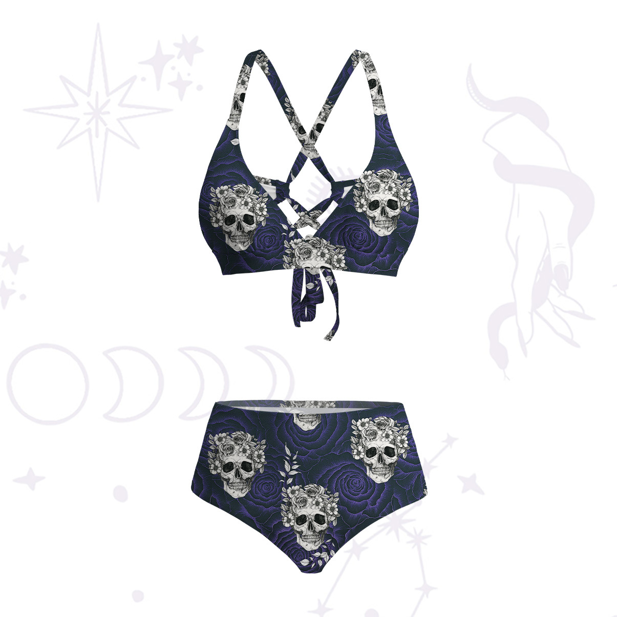 Purplehecate Rose Skull Crisscross Tie-Back Bikini Set