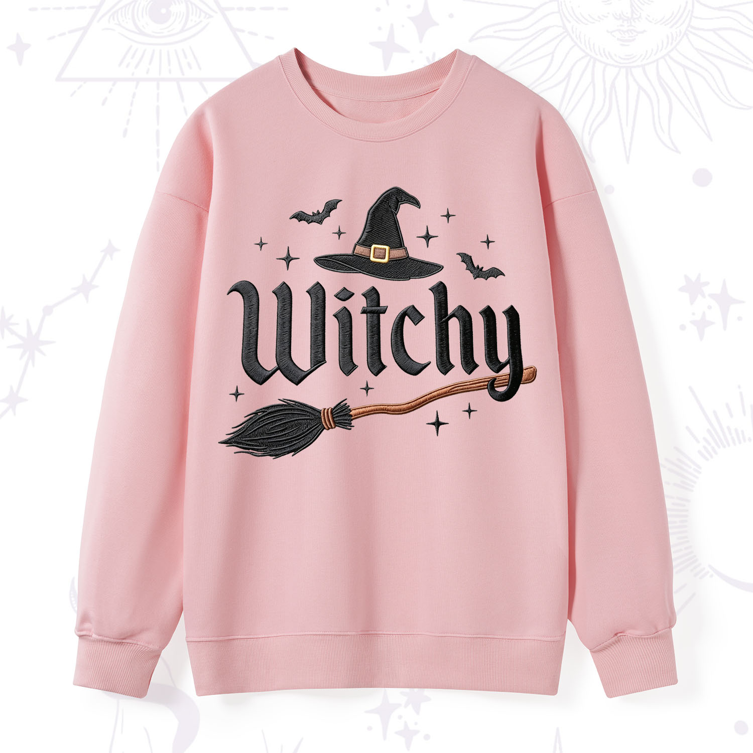 Purplehecate Bat and Broomstick Witch Embroidered Sweatshirt