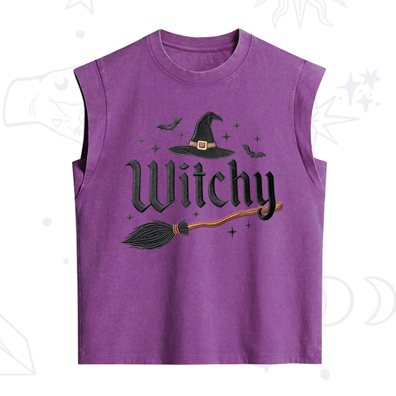 Purplehecate Bat and Broomstick Witch Embroidered Vintage Washed Tank