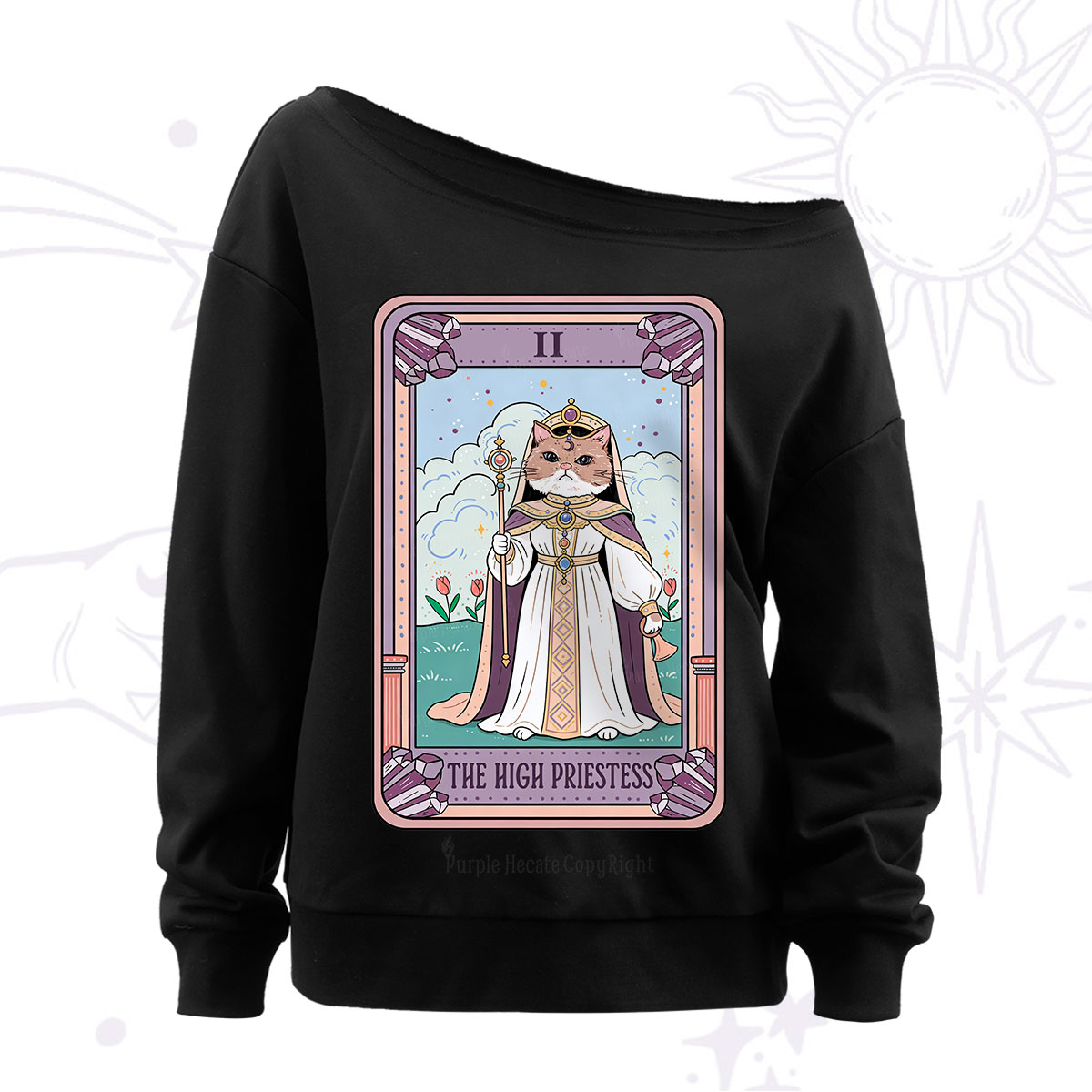 Purplehecate The High Priestess Cat Tarot Off The Shoulder Sweatshirt