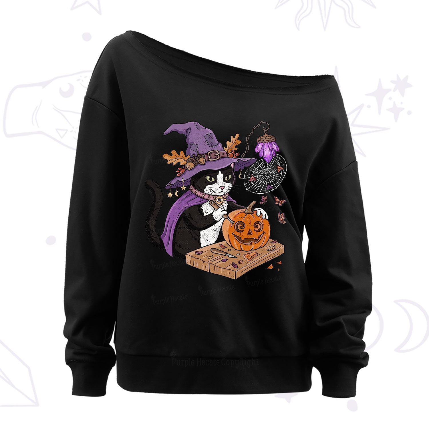 Purplehecate Pumpkin Carving Witch Cat Off The Shoulder Sweatshirt