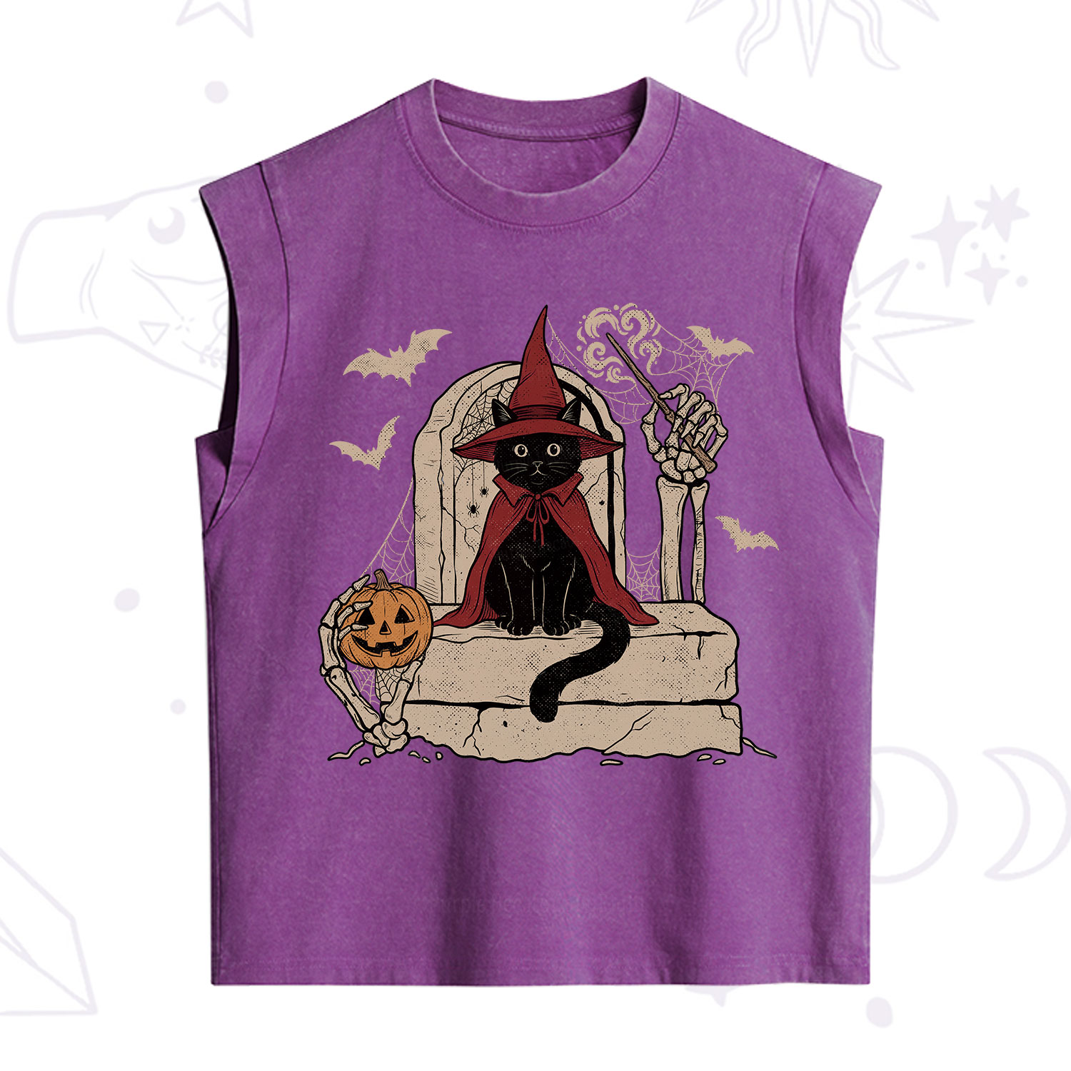 Purplehecate Wizard Black Cat on the Tombstone Halloween Vintage Washed Tank