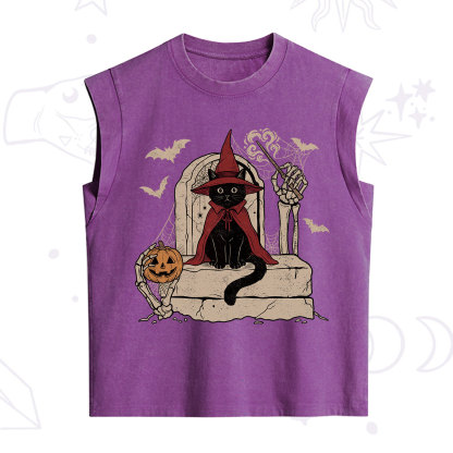 Purplehecate Wizard Black Cat on the Tombstone Halloween Vintage Washed Tank