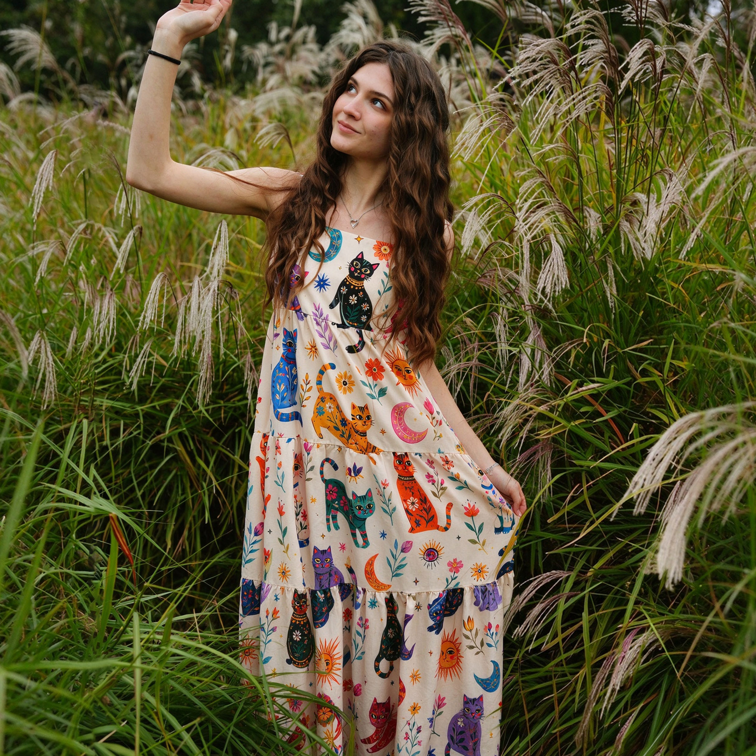 Purplehecate Rainbow Magic Cats Wide Straps Maxi Dress